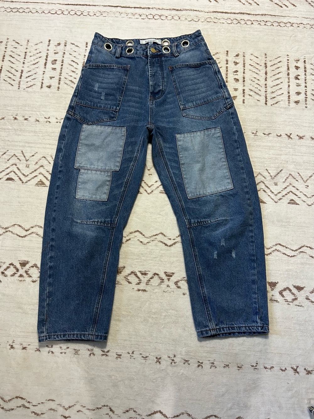 Blue Velvet Cropped Barrel Leg Patchwork Carpenter Jeans Grommet Waist M